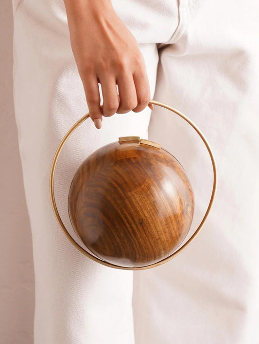 Handcrafted Wooden Ball Clutch with Brass Handle