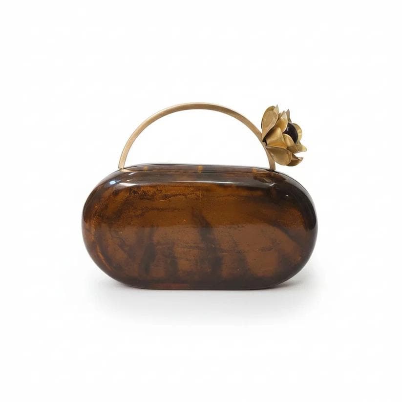 Handcrafted Brown Marble Resin Clutch with Brass Handle
