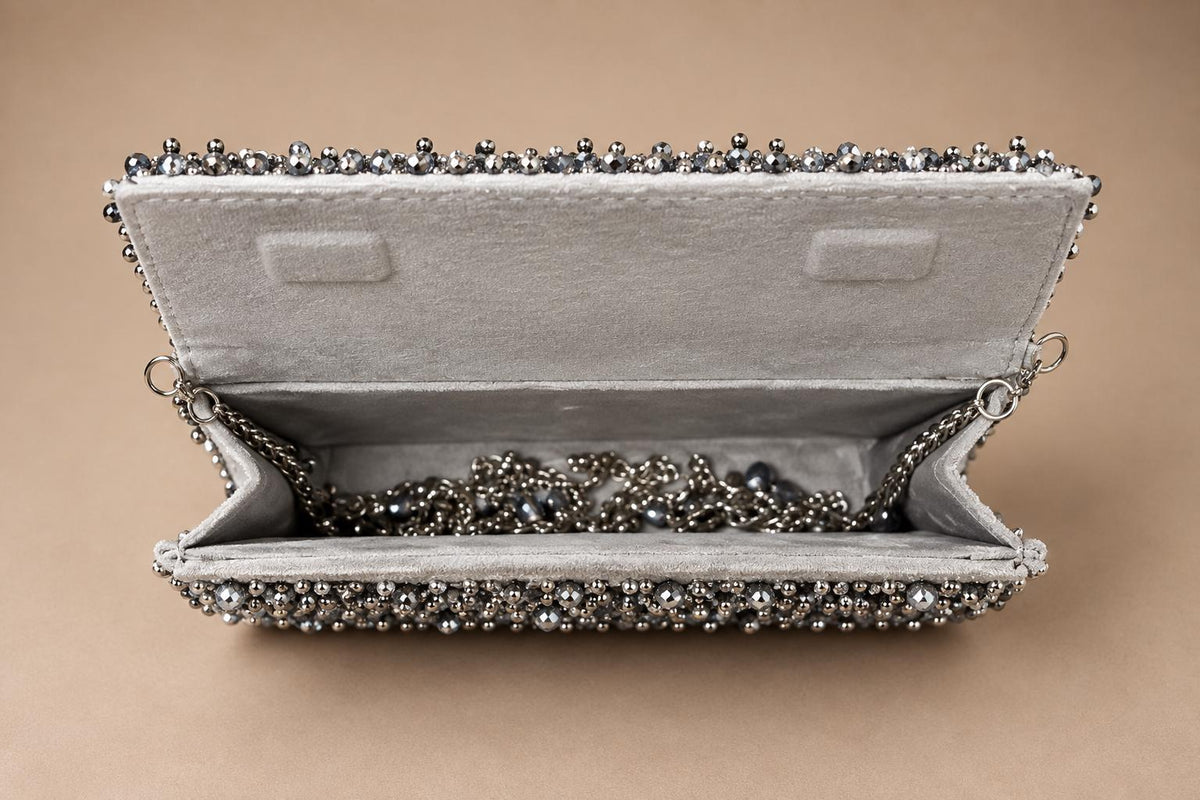 Handcrafted Silver Embroidered Clutch with Chain