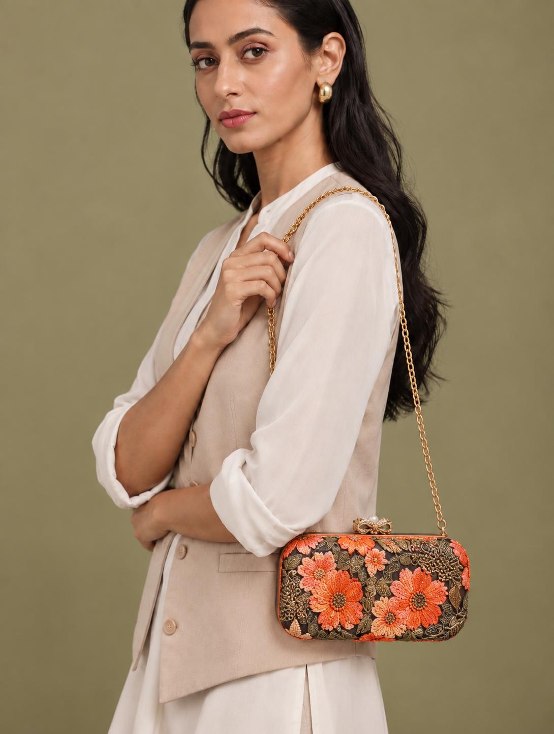 Handcrafted Black Clutch with Orange Floral Embroidery