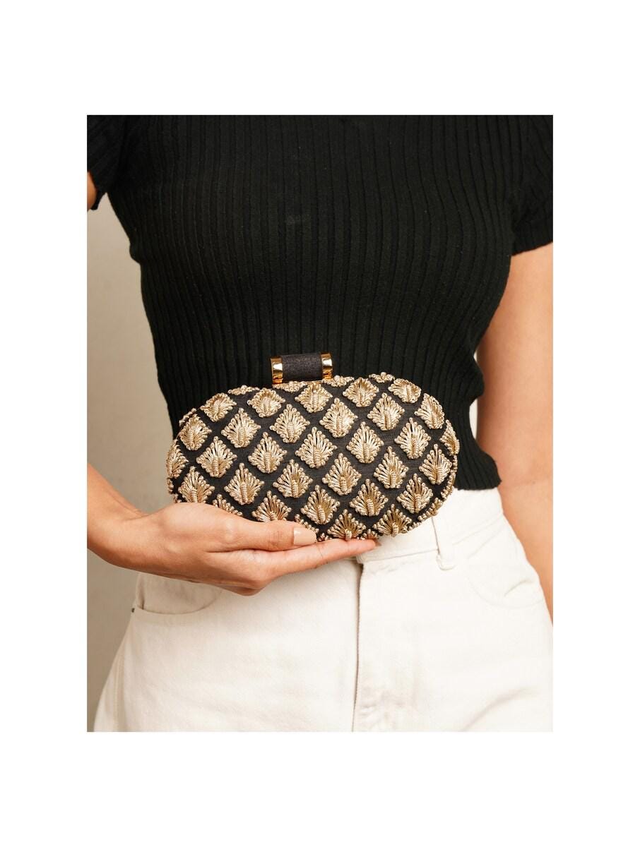 Handcrafted Black and Gold Embroidered Silk Clutch
