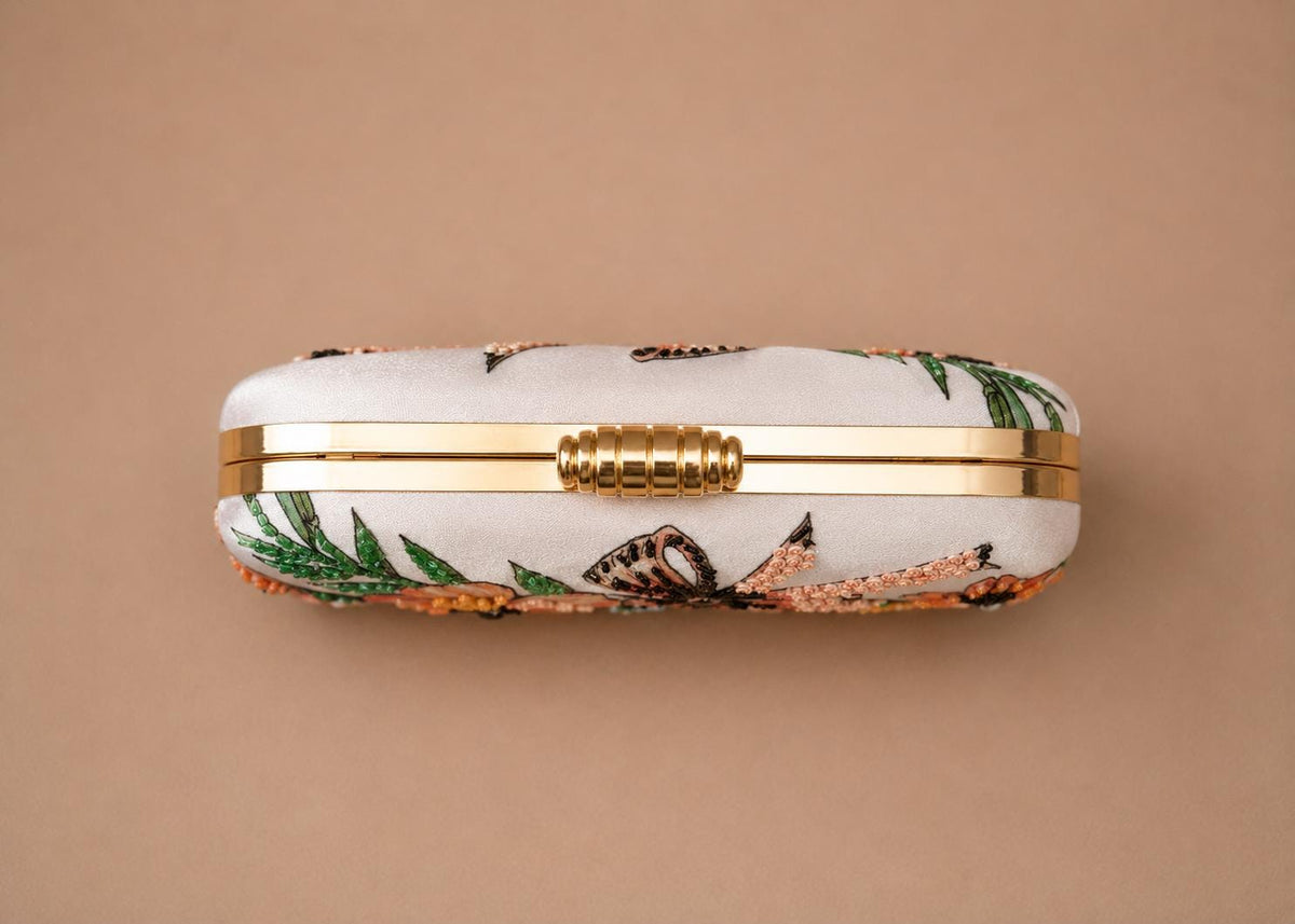 Handcrafted Light Blue Oval Floral Embroidered Clutch