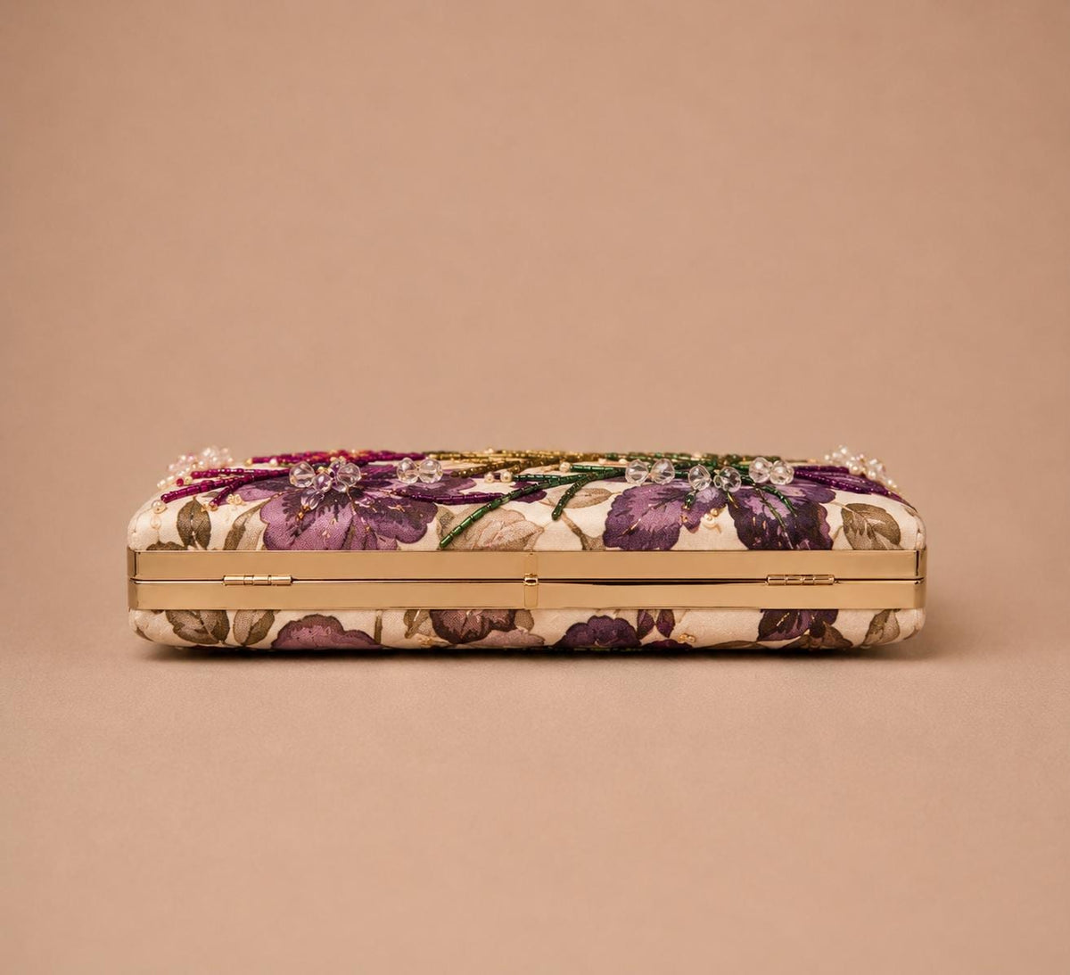 Handcrafted Beige Floral Embroidered Clutch with Gold-Tone Frame