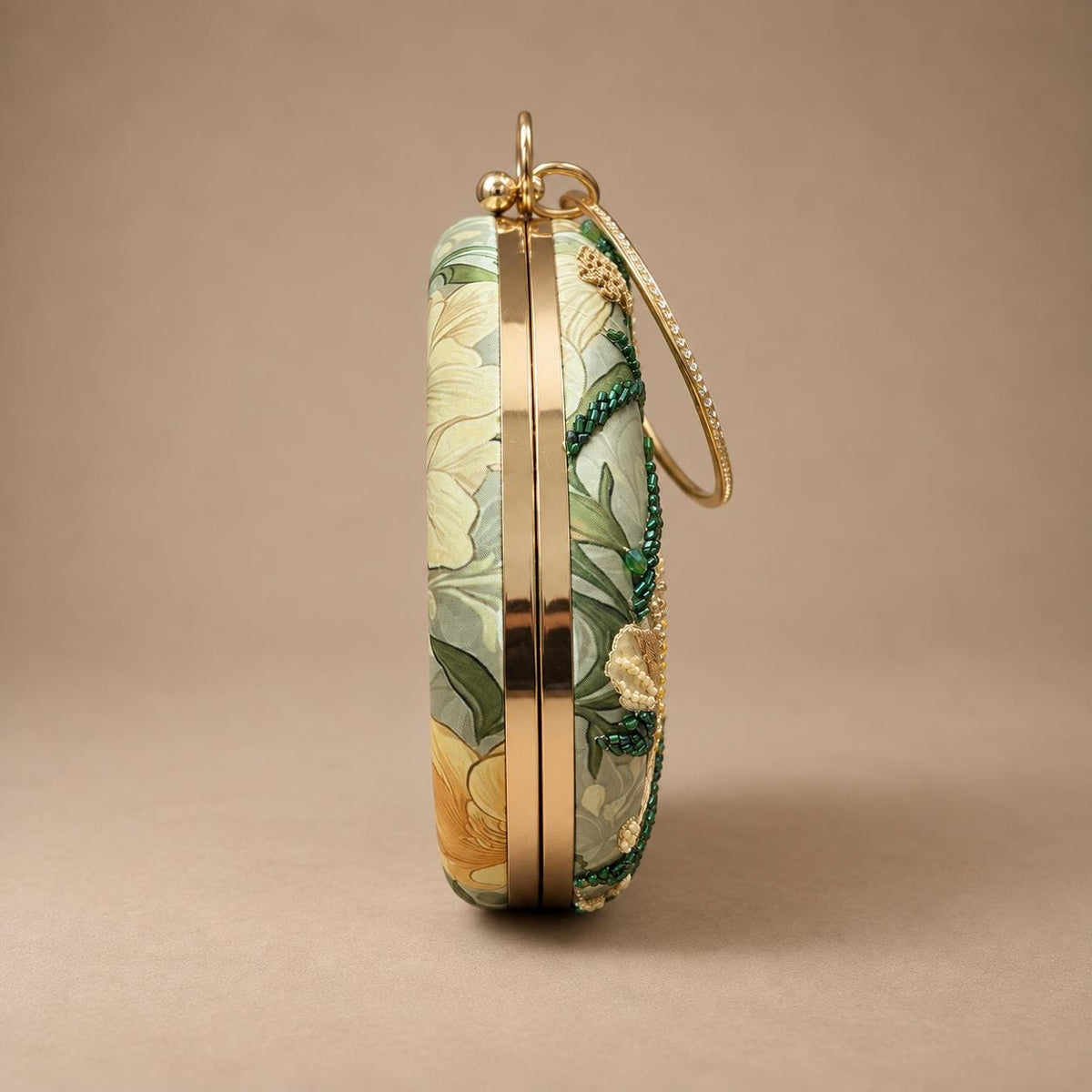 Handcrafted Light Green Round Floral Embroidered Clutch