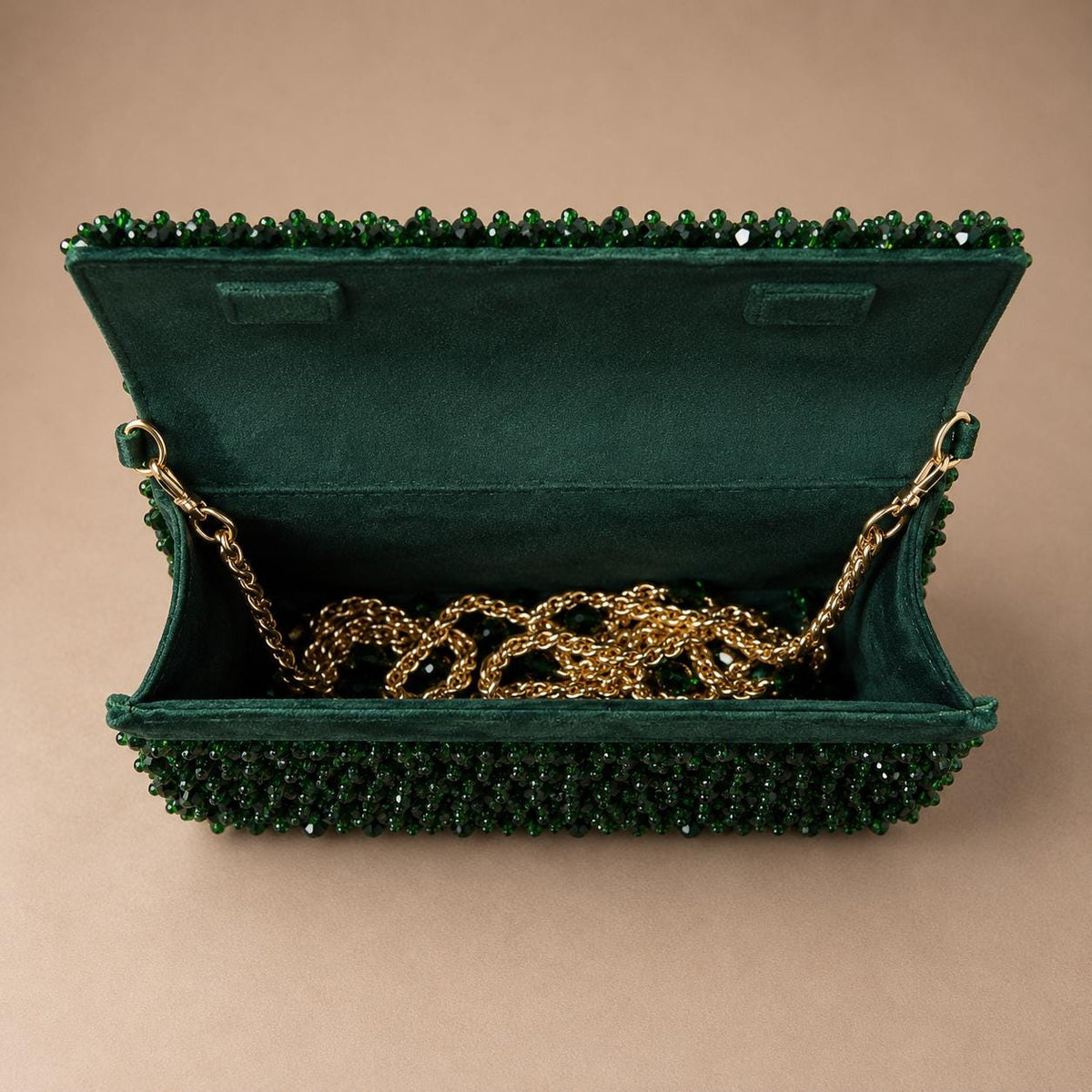 Green Beaded Embroidered Clutch with Gold-Tone Chain