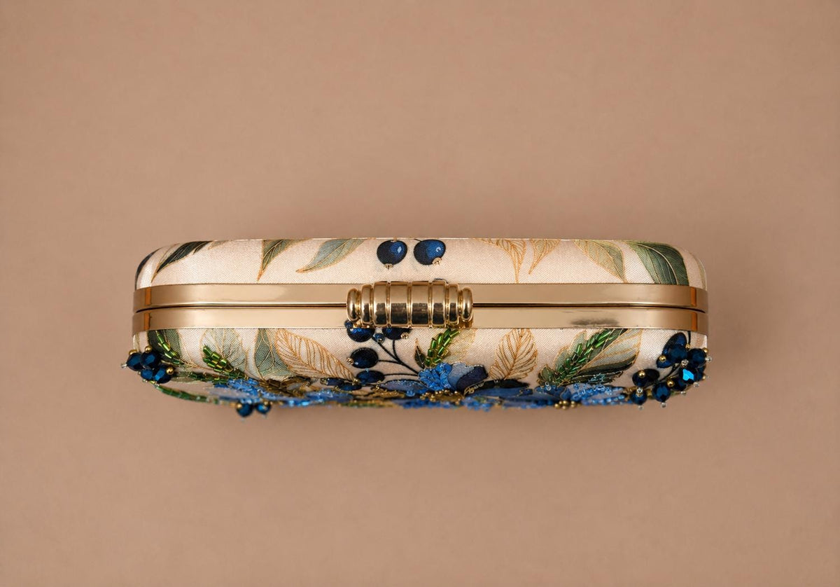 Handcrafted Beige Oval Floral Embroidered Clutch