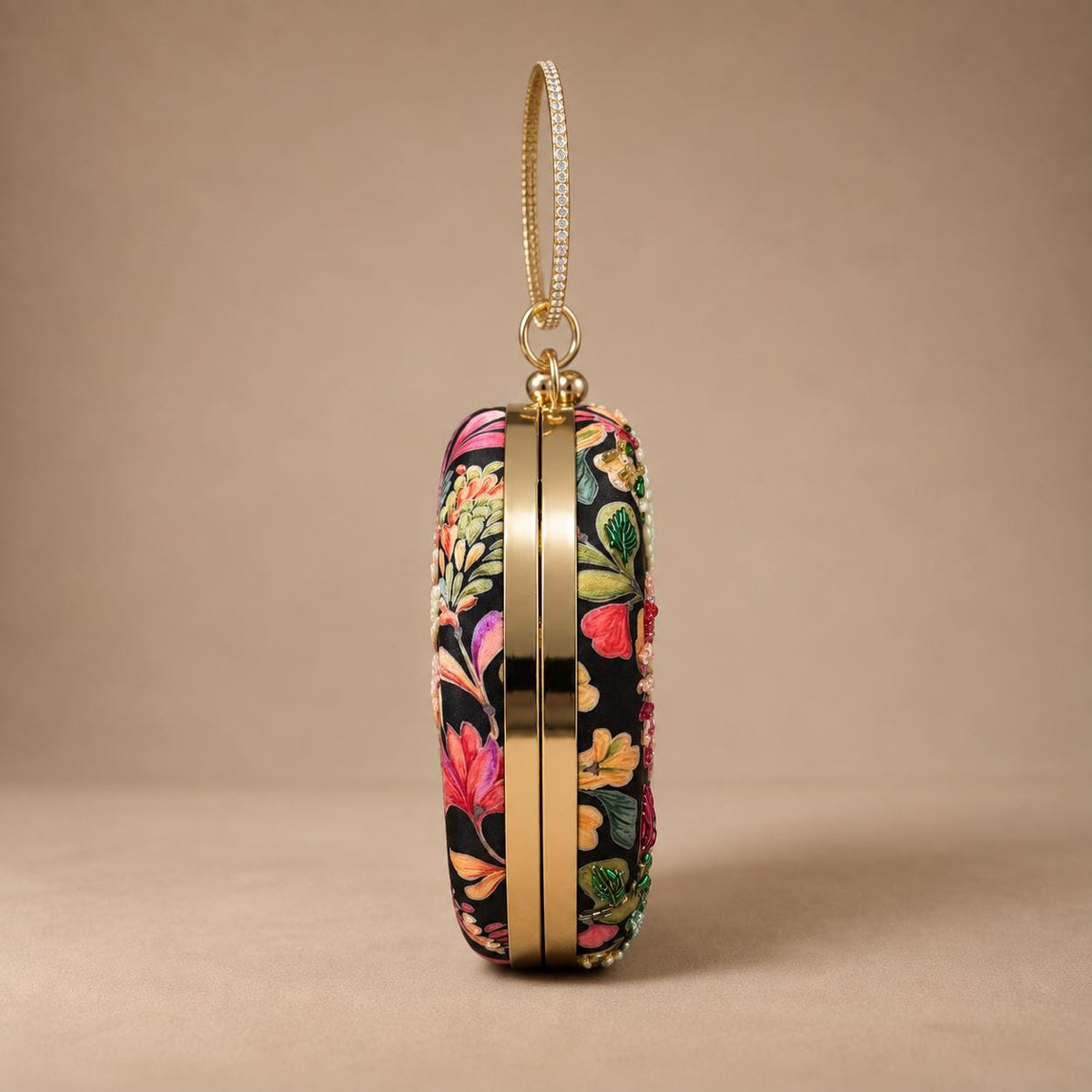 Handcrafted Black Floral Embroidered Round Clutch