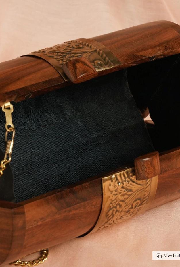 Handcrafted Wooden Barrel Clutch with Brass Handle