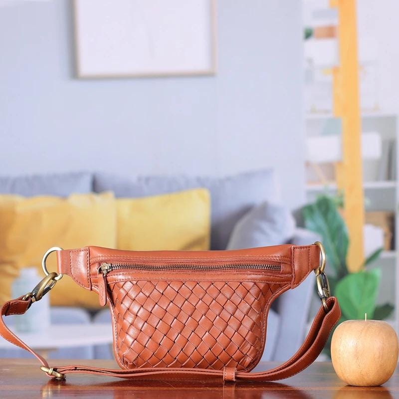 Tan Brown Woven Leather Belt Bag