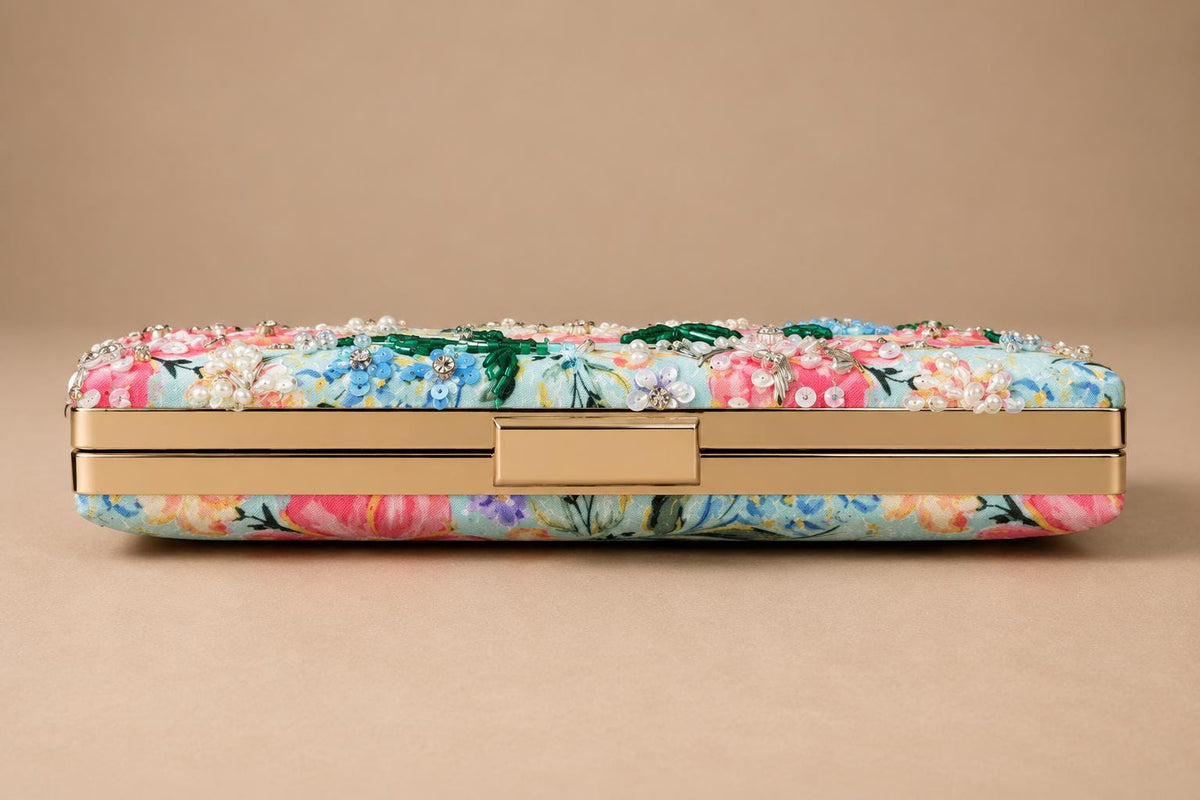Handcrafted Light Blue Floral Embroidered Clutch