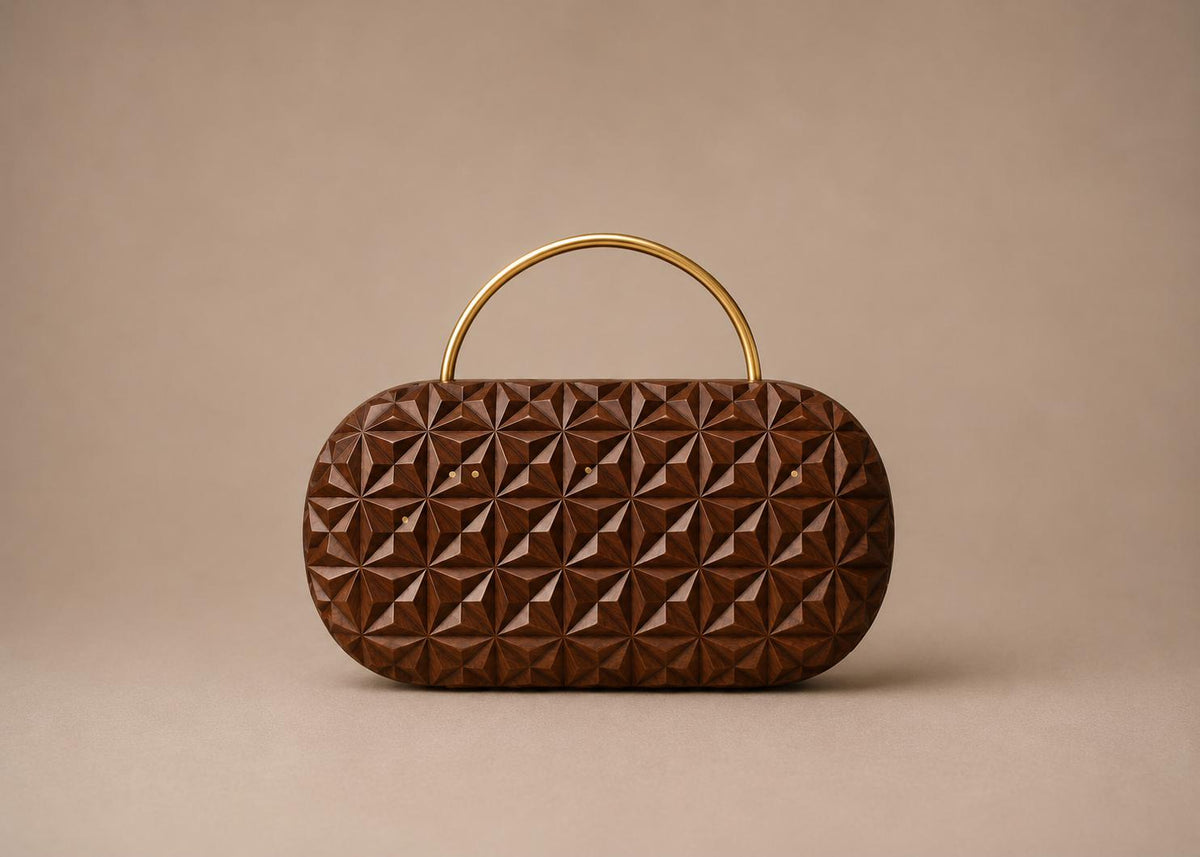Handcrafted Engraved Oval Wooden Clutch with Brass Handle