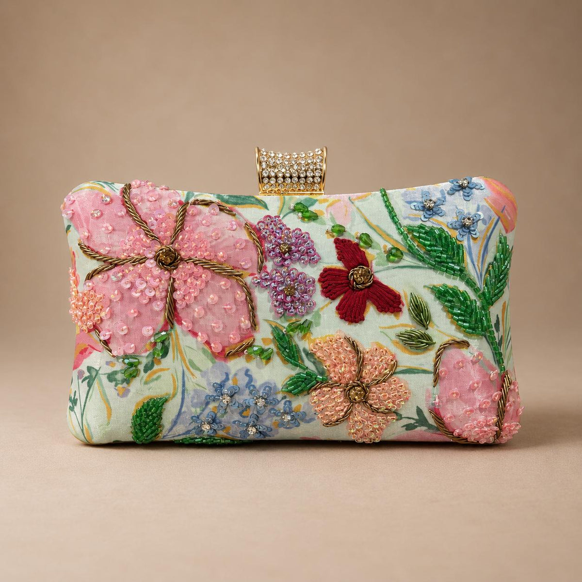 Handcrafted Light Green Floral Embroidered Clutch