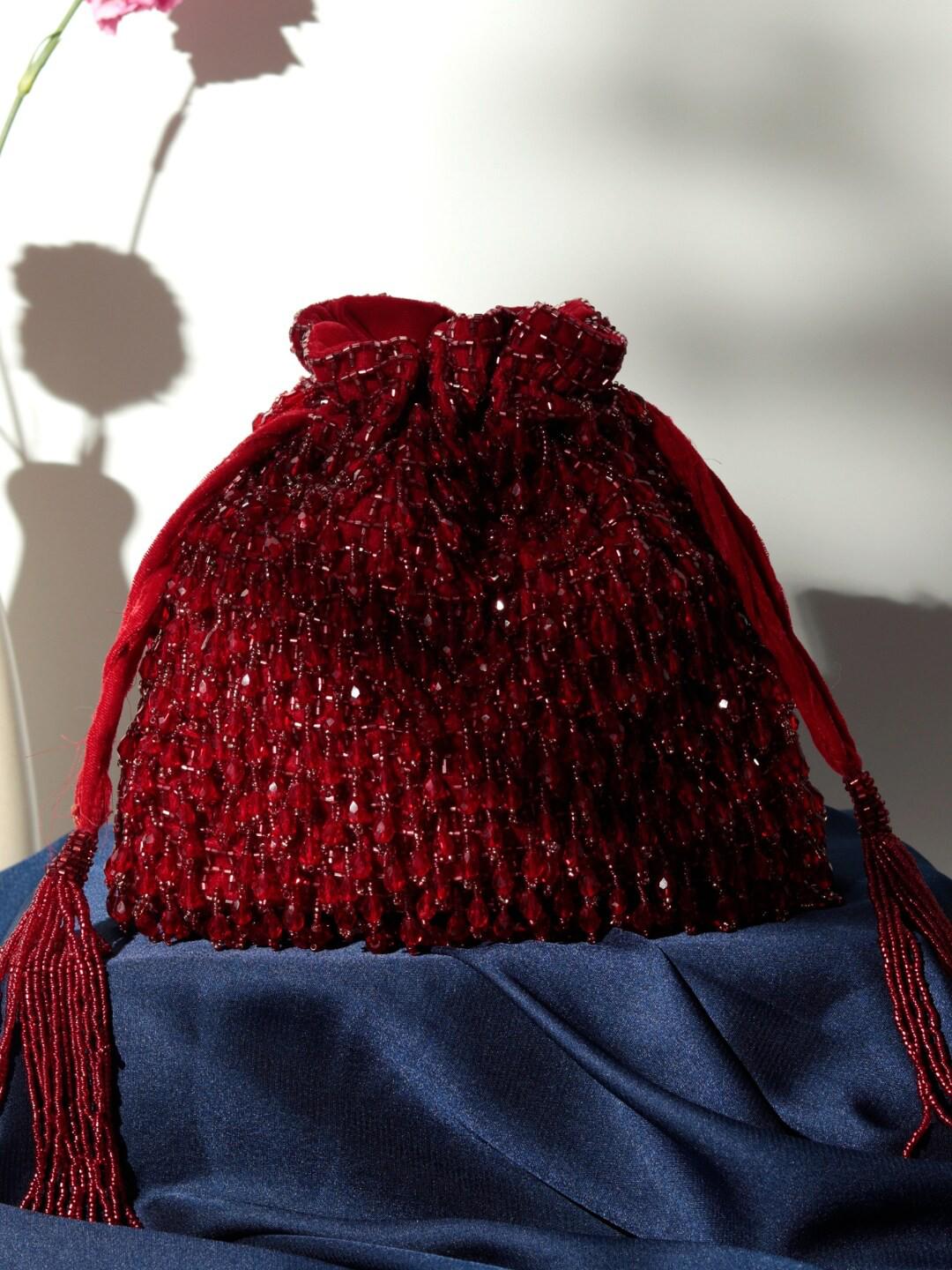 Red Handcrafted Embroidered Potli Bag with Tassels