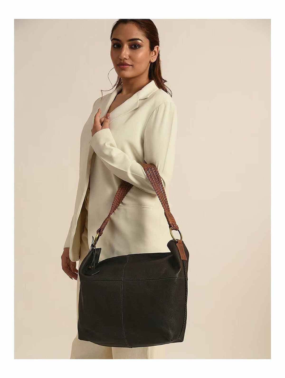 Black Genuine Leather Tote Bag with Sling Strap