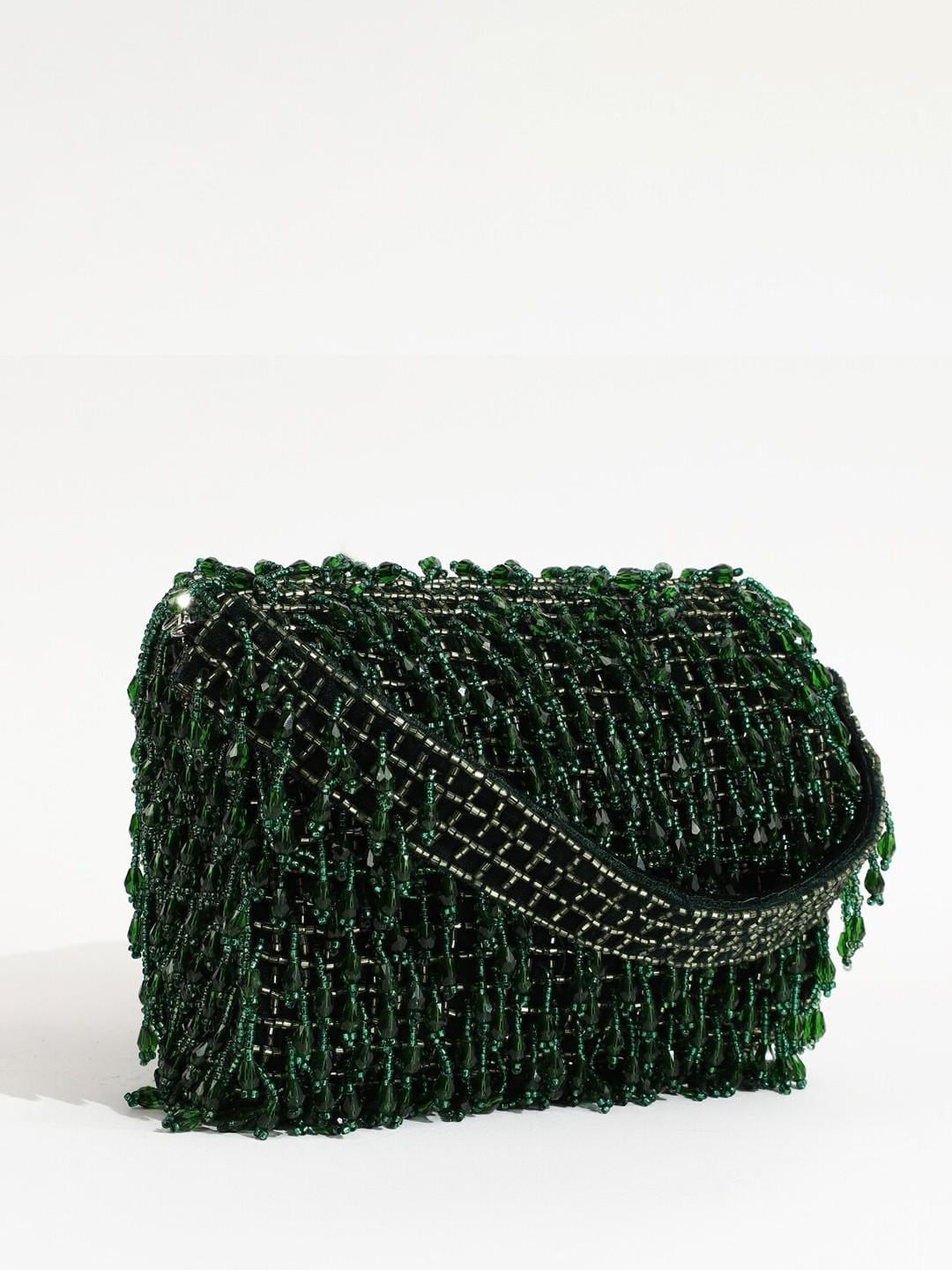 Green Embroidered Clutch Bag with Chain Strap