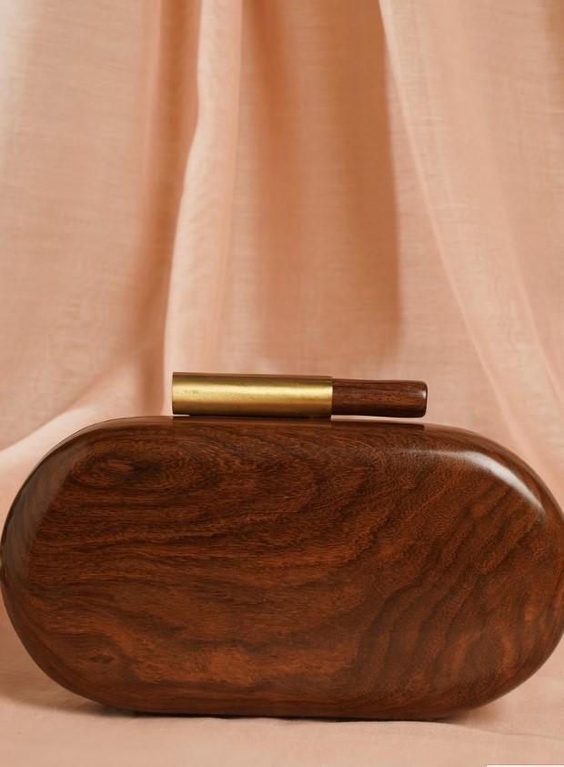 Handcrafted Wooden Pebble Clutch with Brass Handle