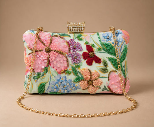 Handcrafted Light Green Floral Embroidered Clutch