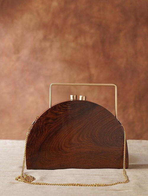 Handcrafted Wooden Half-Moon Clutch with Brass Handle