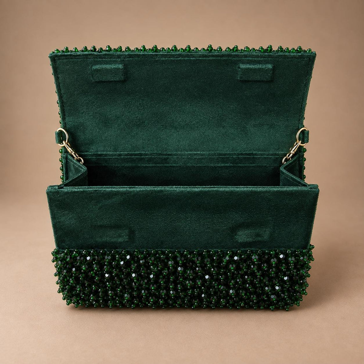 Green Beaded Embroidered Clutch with Gold-Tone Chain