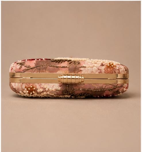 Handcrafted Blush Pink Floral Embroidered Clutch