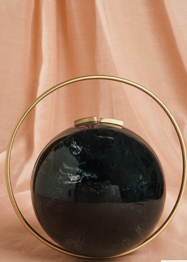 Black Marble Resin Clutch with Brass Handle