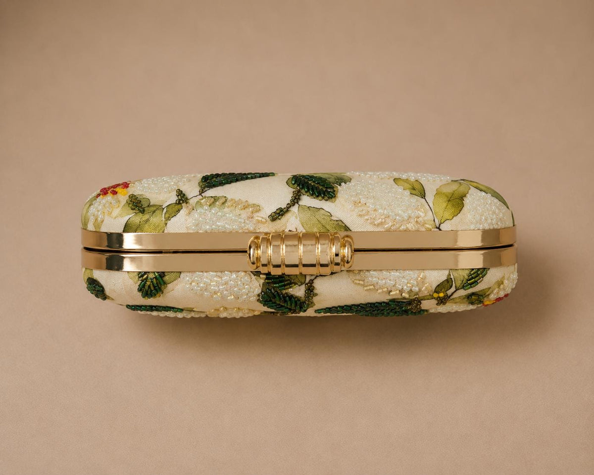 Handcrafted Ivory Floral Embroidered Clutch
