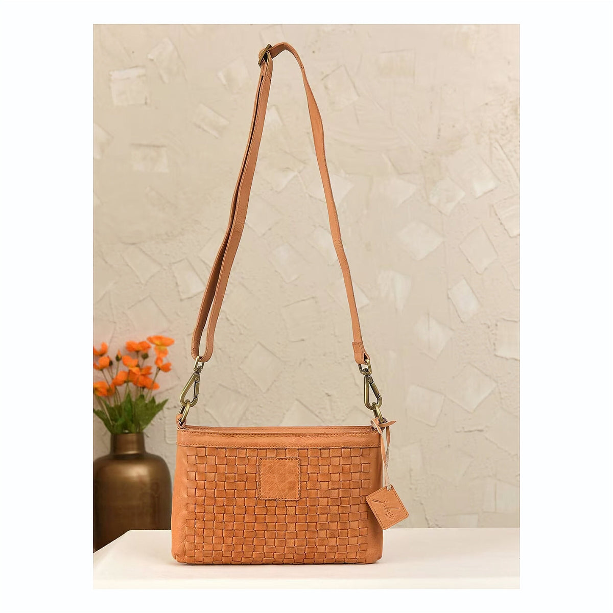 Brown Woven Leather Crossbody Bag