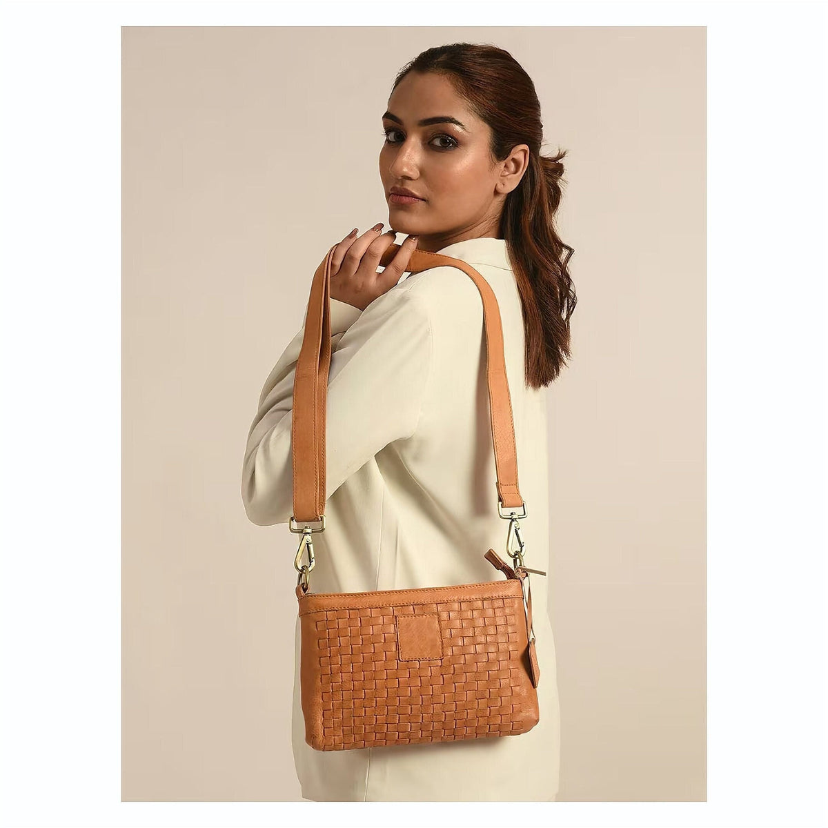 Brown Woven Leather Crossbody Bag