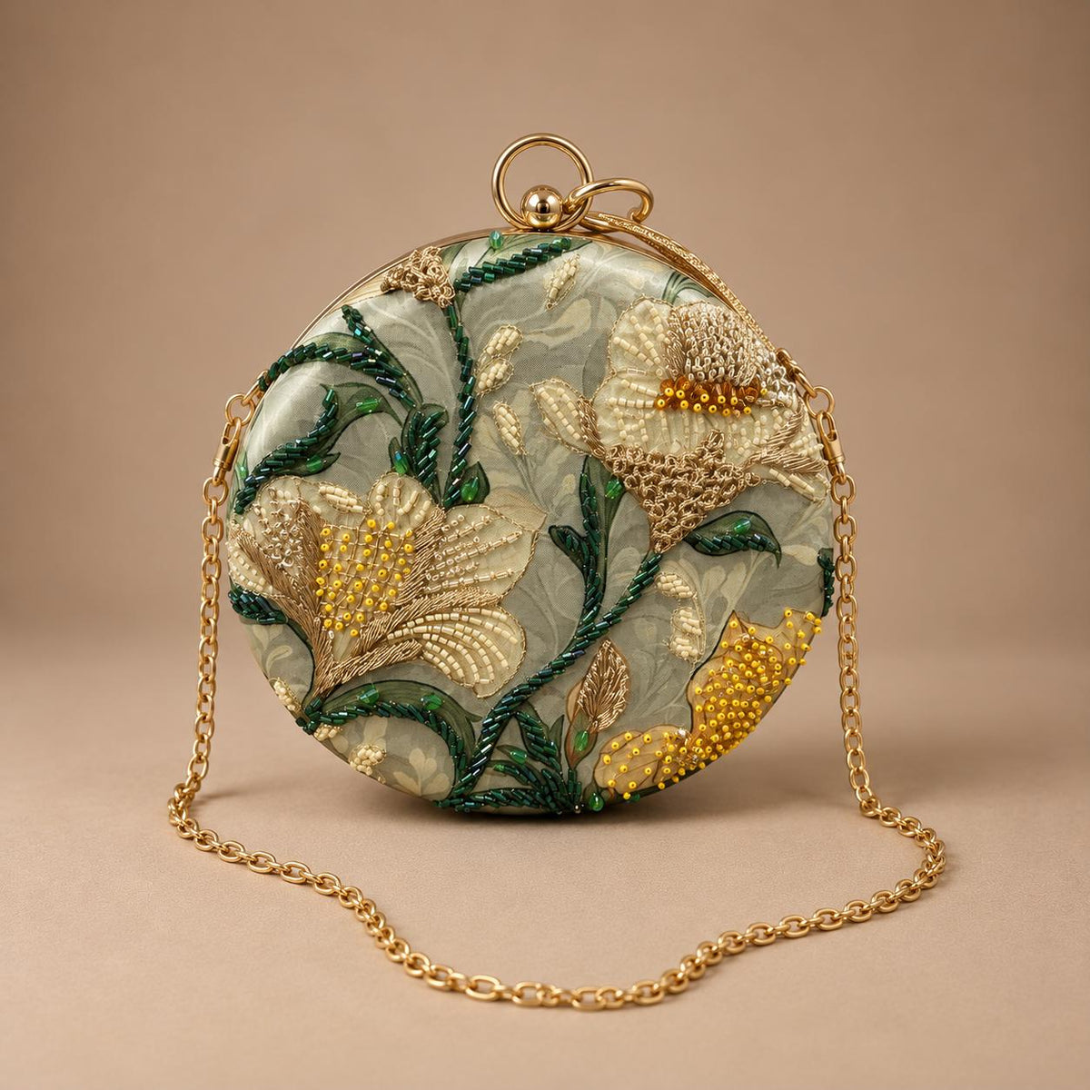 Handcrafted Light Green Round Floral Embroidered Clutch