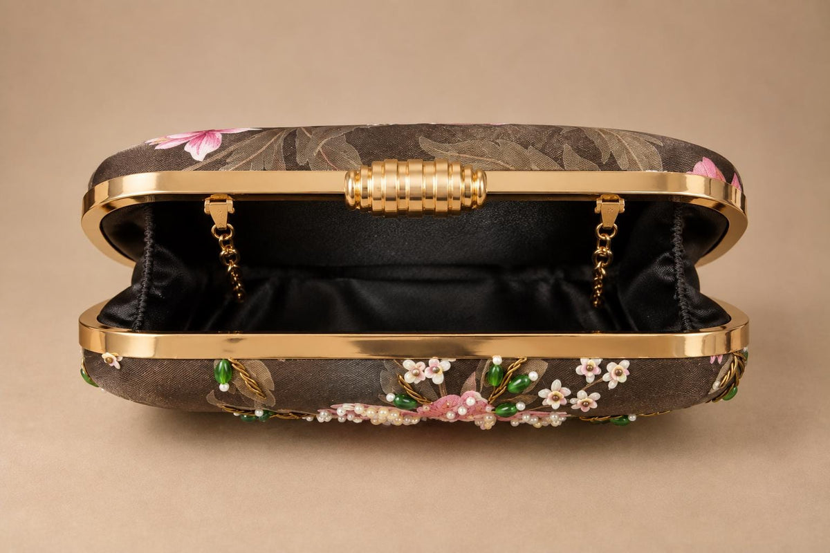 Handcrafted Brown Floral Embroidered Clutch