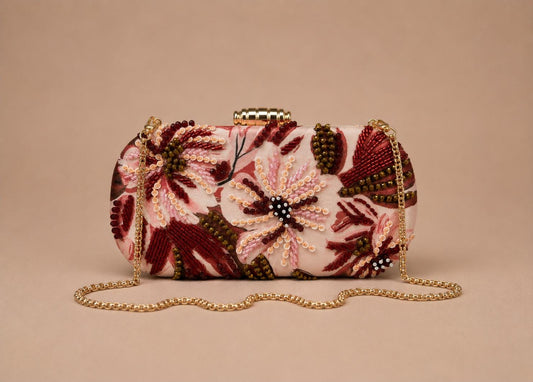 Handcrafted Pink Oval Floral Embroidered Clutch