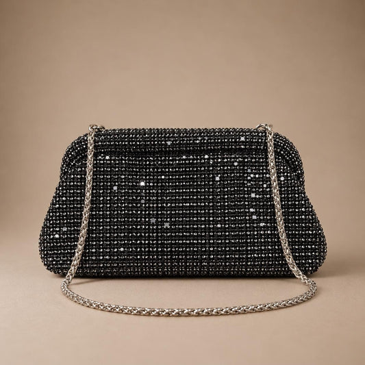 Black Embellished Evening Clutch with Chain Strap
