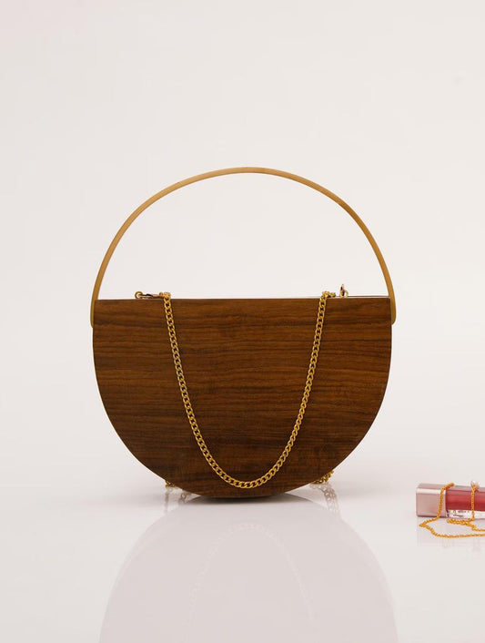 Handcrafted Wooden Half-Moon Clutch with Brass Handle