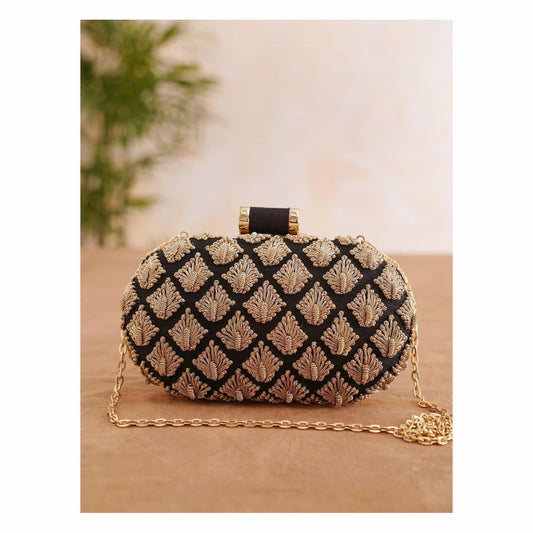 Handcrafted Black and Gold Embroidered Silk Clutch
