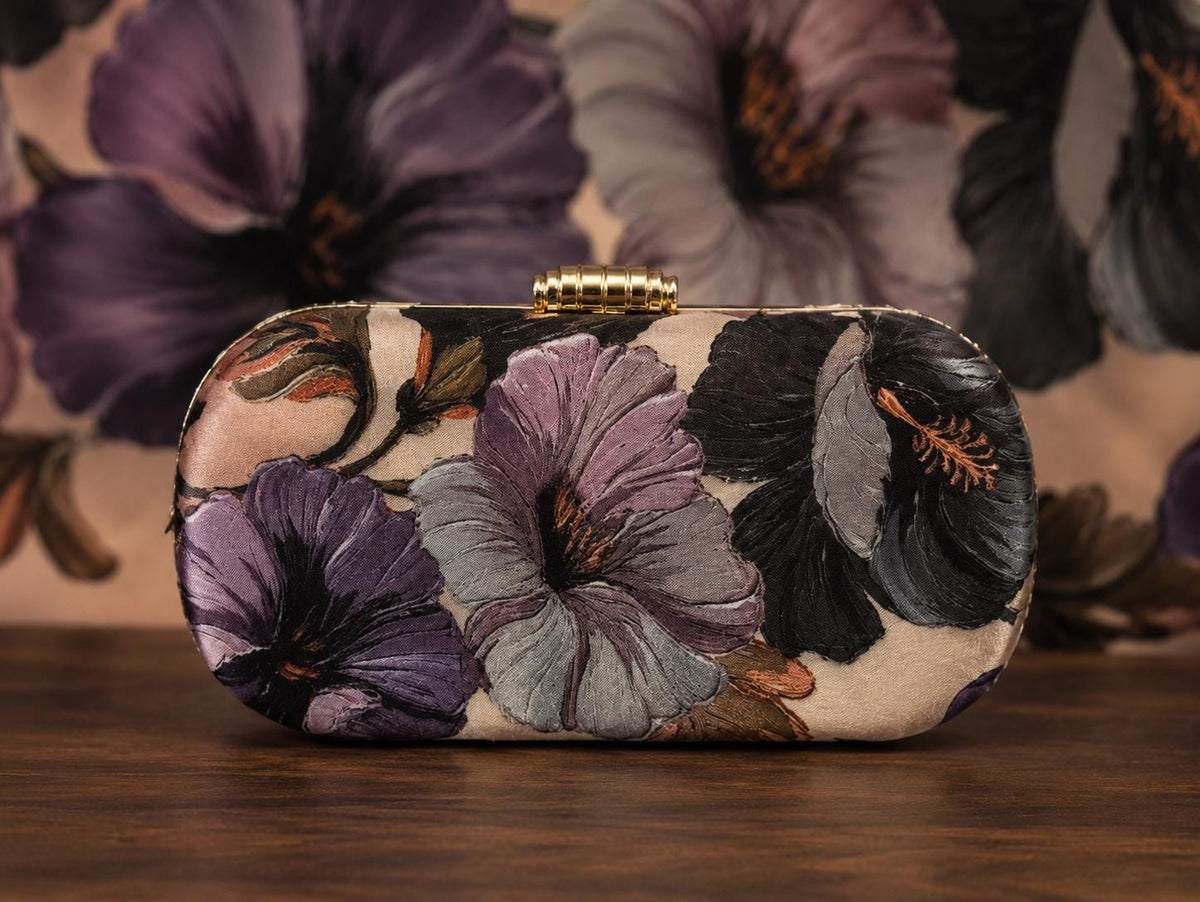 Handcrafted Beige Floral Embroidered Clutch with Chain