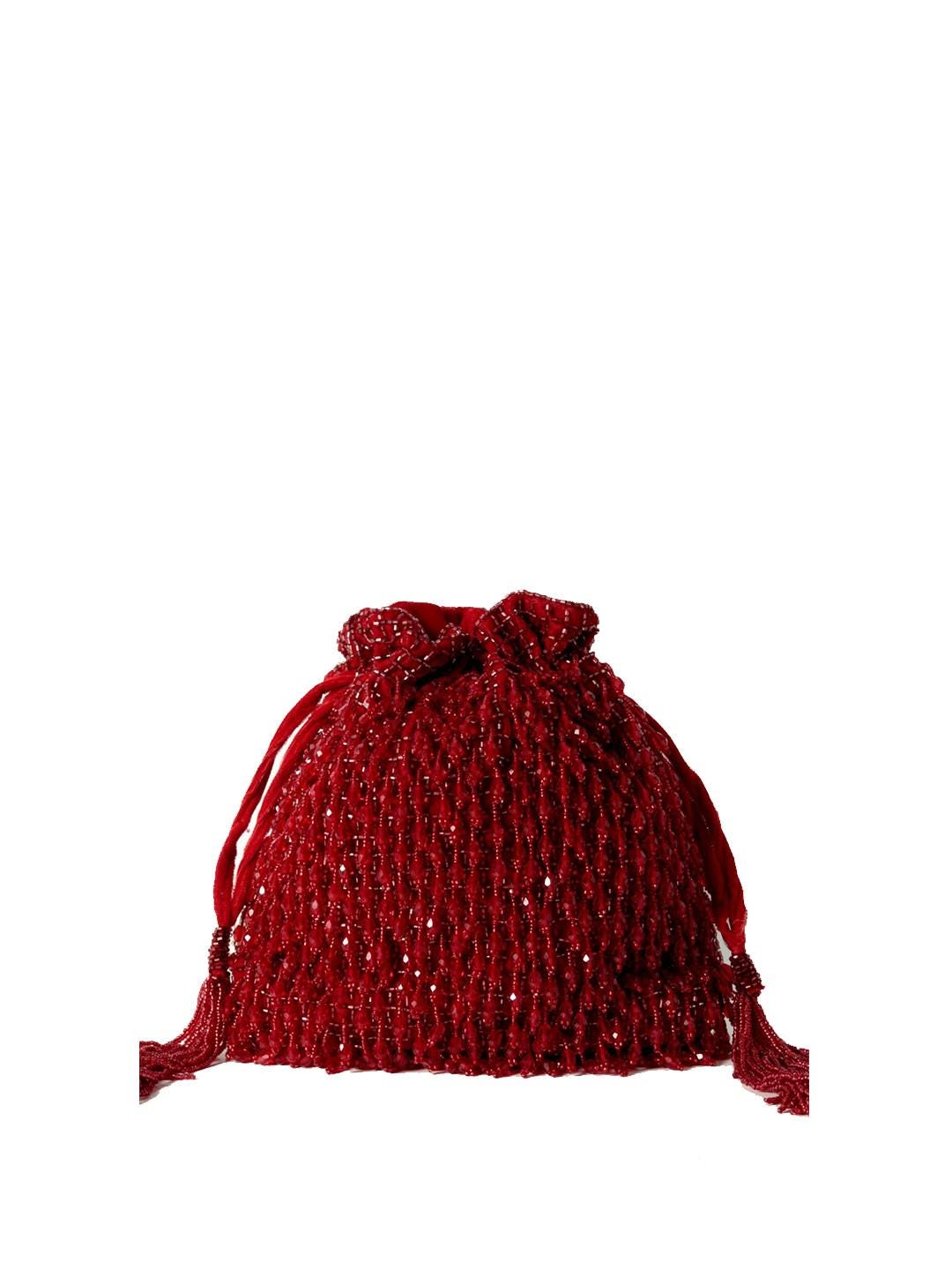 Red Handcrafted Embroidered Potli Bag with Tassels
