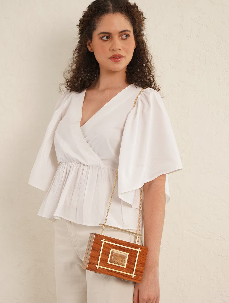 Handcrafted Wooden Rectangular Clutch with Brass Frame