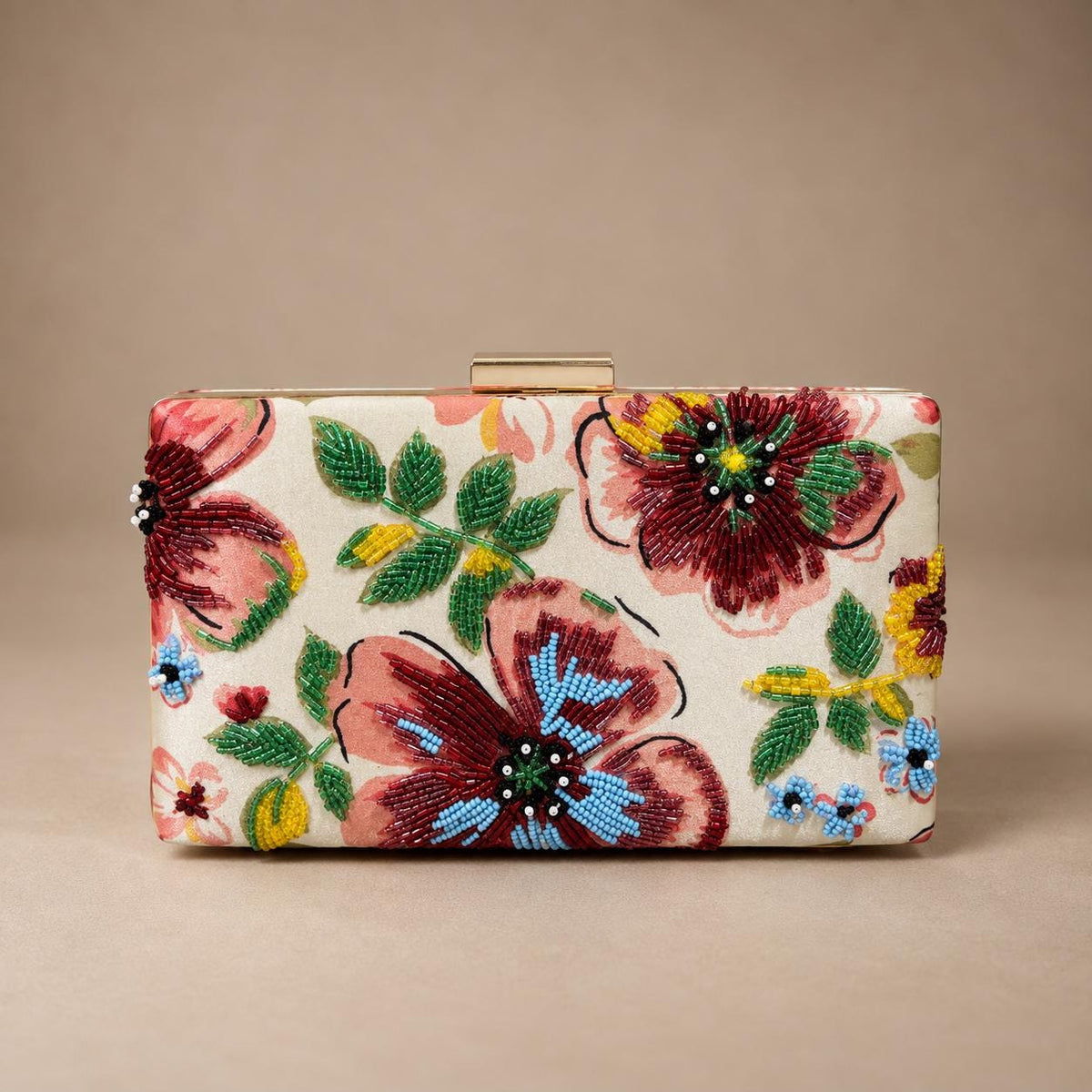 Handcrafted Off-White Floral Embroidered Clutch