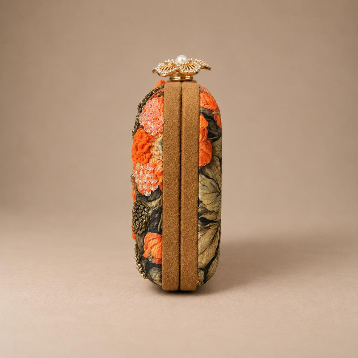 Handcrafted Black Clutch with Orange Floral Embroidery