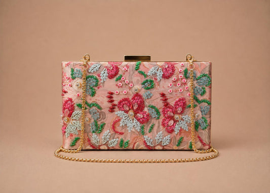 Handcrafted Blush Pink Embroidered Clutch with Chain