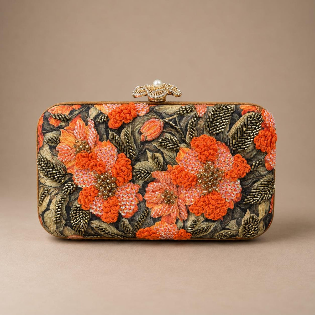 Handcrafted Black Clutch with Orange Floral Embroidery