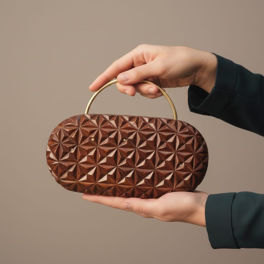 Handcrafted Engraved Oval Wooden Clutch with Brass Handle