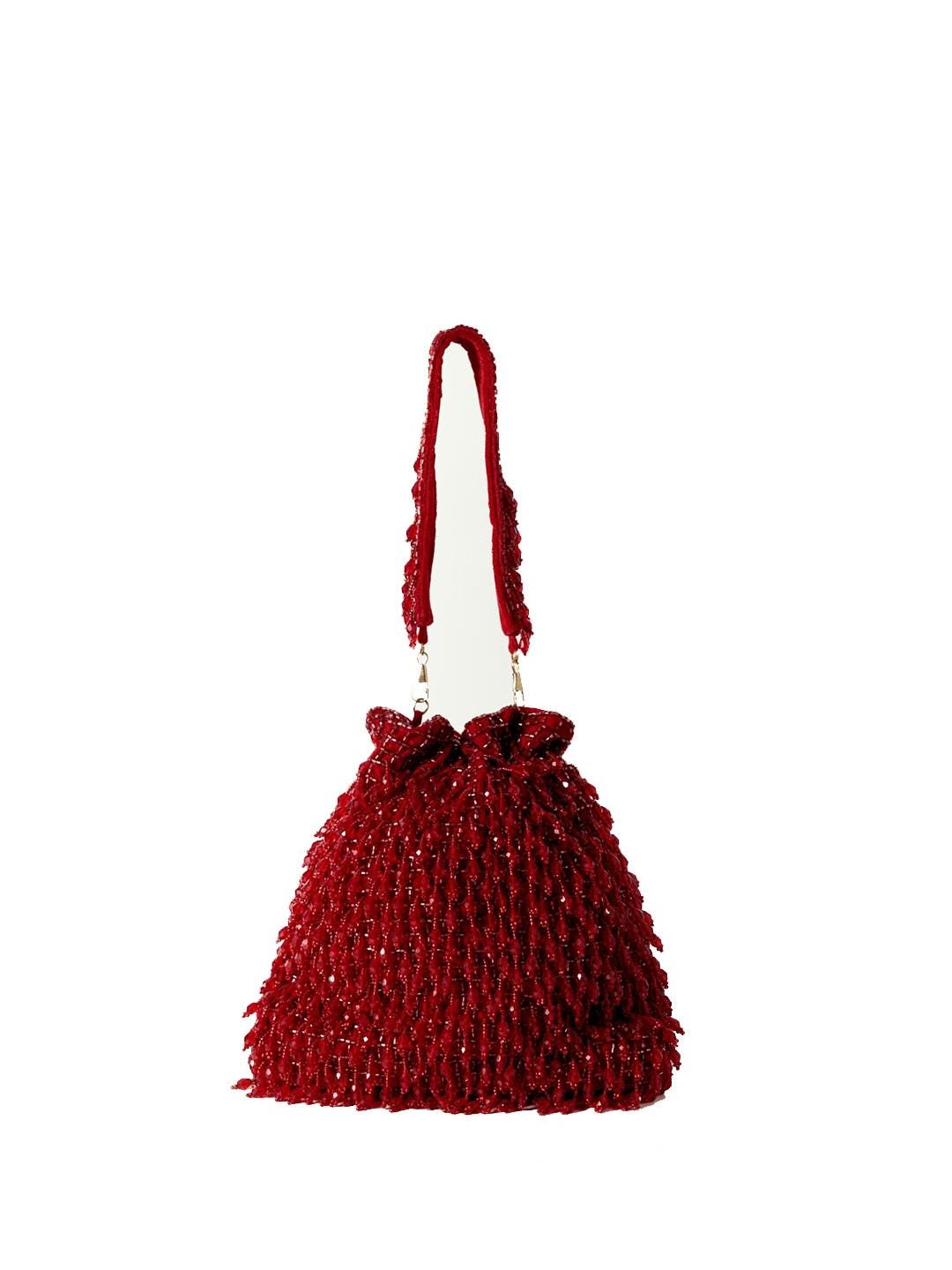 Red Handcrafted Embroidered Potli Bag with Tassels