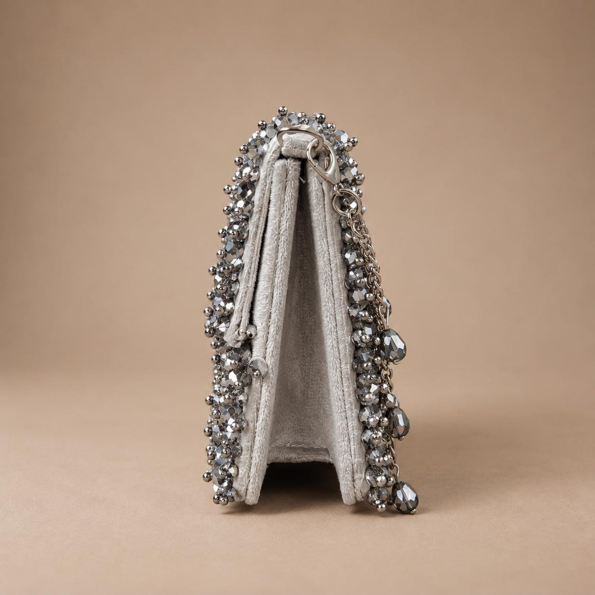 Handcrafted Silver Embroidered Clutch with Chain