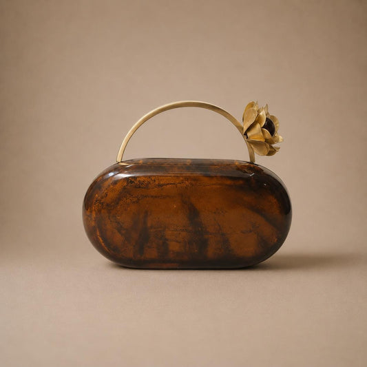 Handcrafted Brown Marble Resin Clutch with Brass Handle