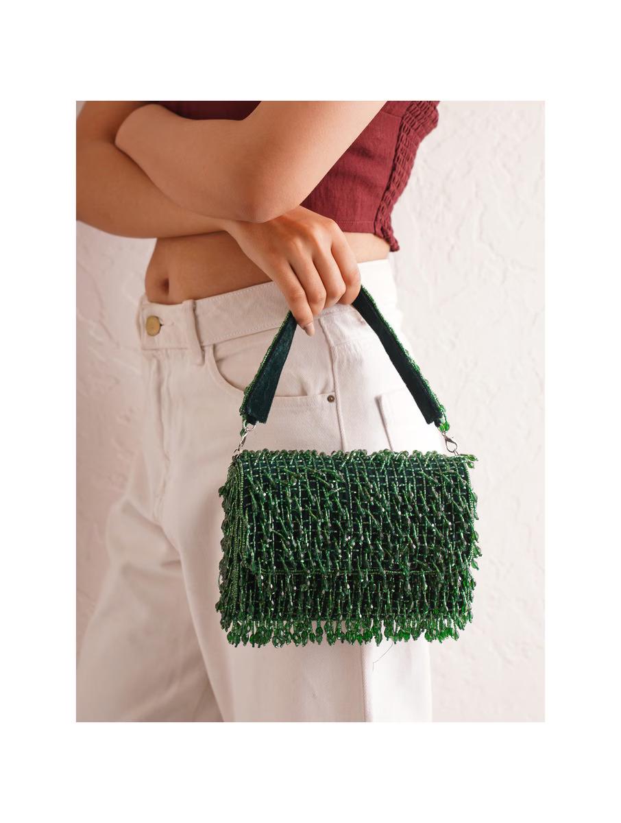 Green Embroidered Clutch Bag with Chain Strap