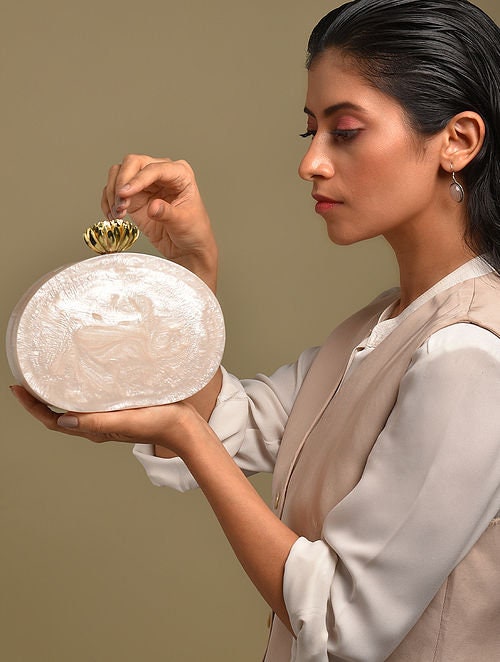 Ivory White Resin Clutch with Gold-Tone Chain