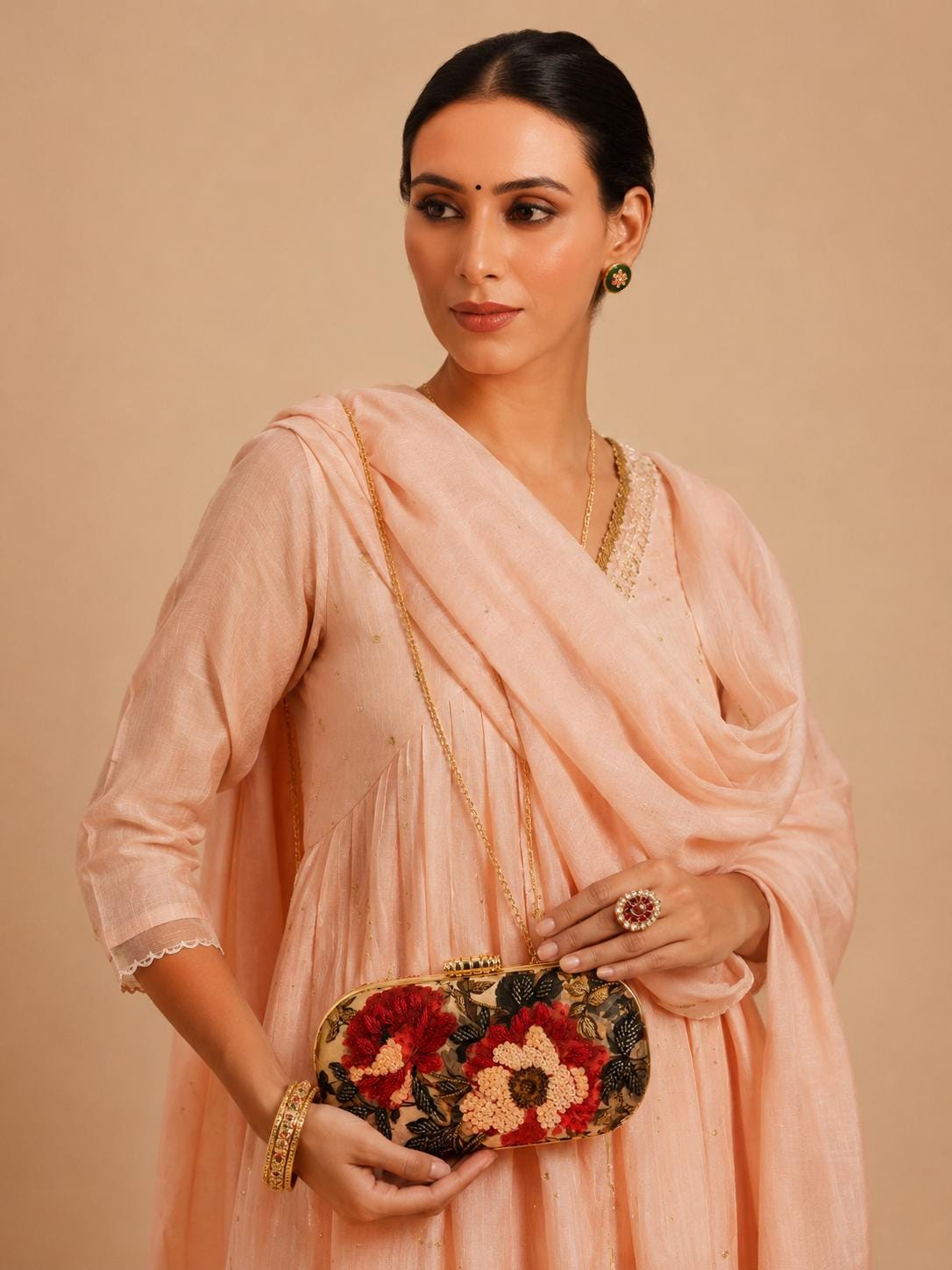 Handcrafted Beige Oval Floral Embroidered Clutch
