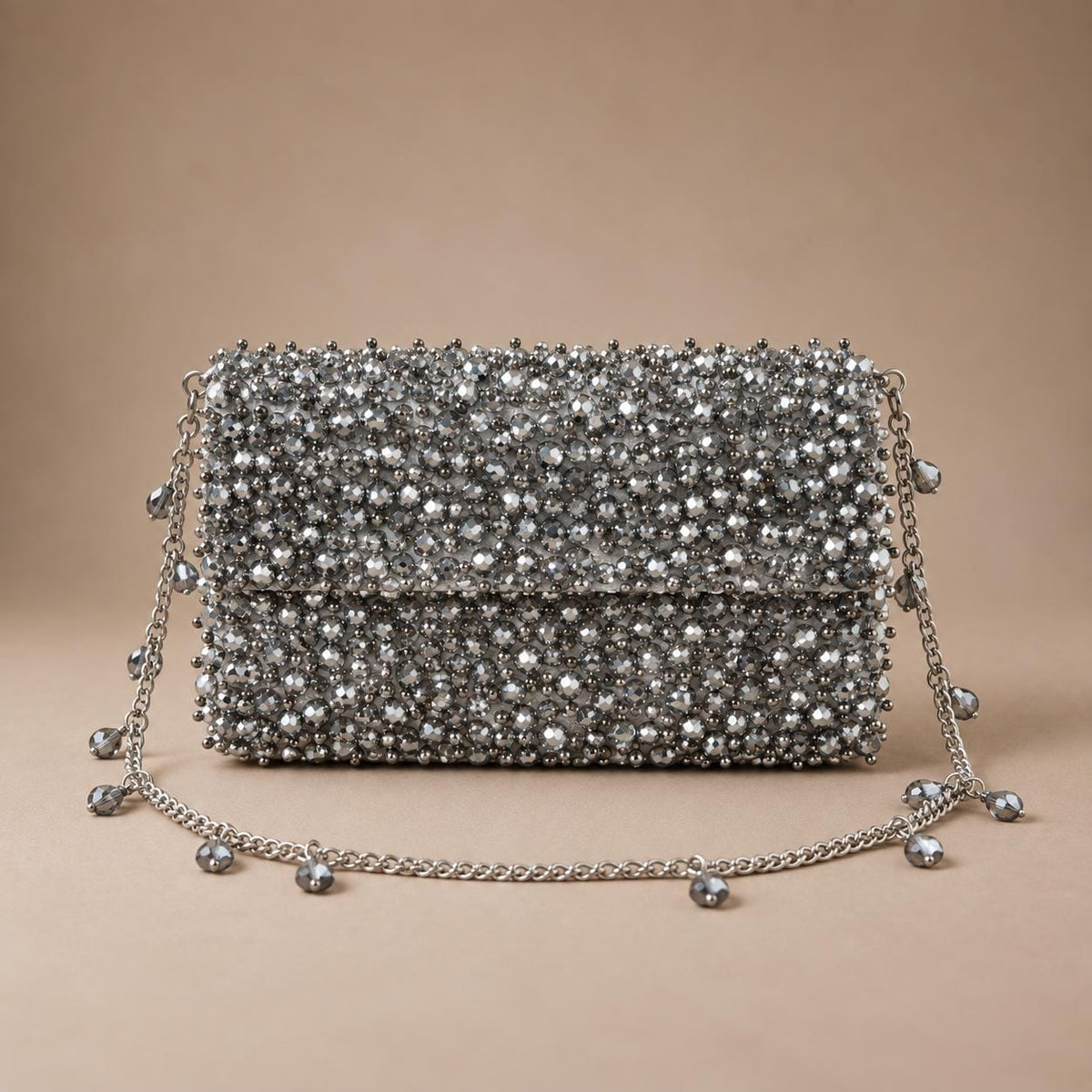Handcrafted Silver Embroidered Clutch with Chain