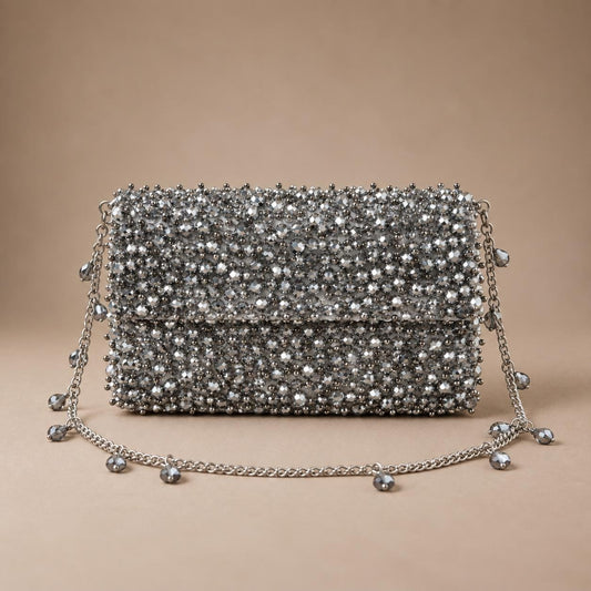 Handcrafted Silver Embroidered Clutch with Chain